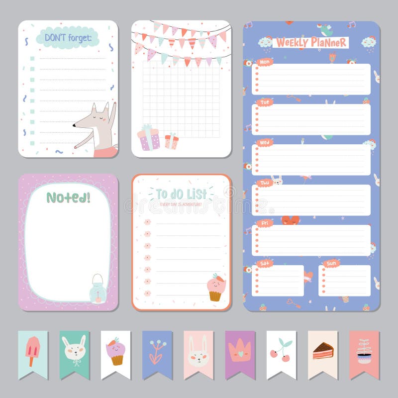 Kids notebook page template vector cards, notes, stickers, labels, tags  paper sheet with unicorn illustrations. Stock Vector by ©DanyliukI 194498200