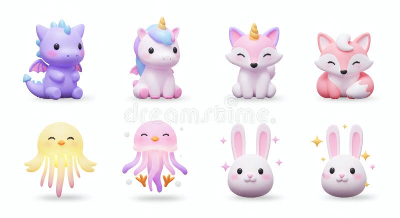 Cute Cartoon Animals Dragon Unicorn Fox Jellyfish and Bunny Characters ilustracji