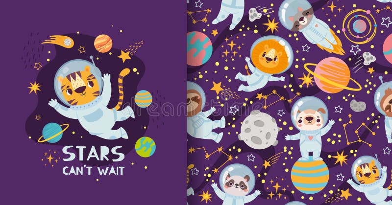 Cute Cartoon Animals in Space, Pajamas Print and Pattern Design