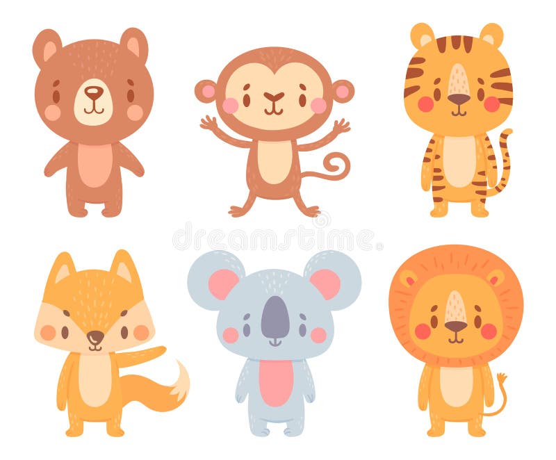 Cute Cartoon Animals. Wild Adorable Characters with Smiling Faces Stock ...