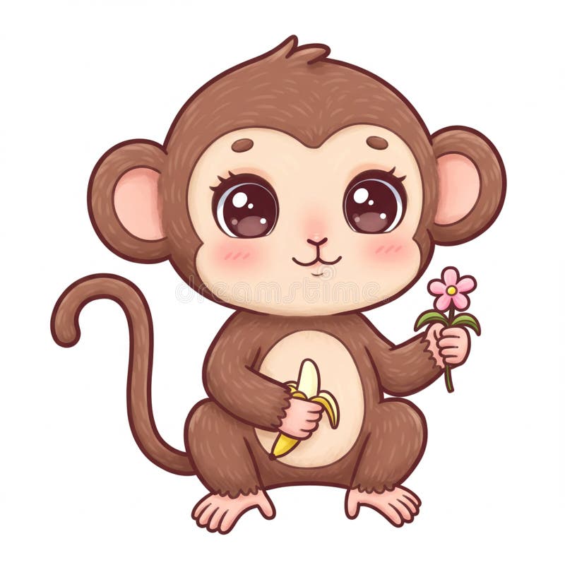 Cute cartoon apa med stora mousserande ögon som håller en banan i ena handen och en rosa stock illustrationer