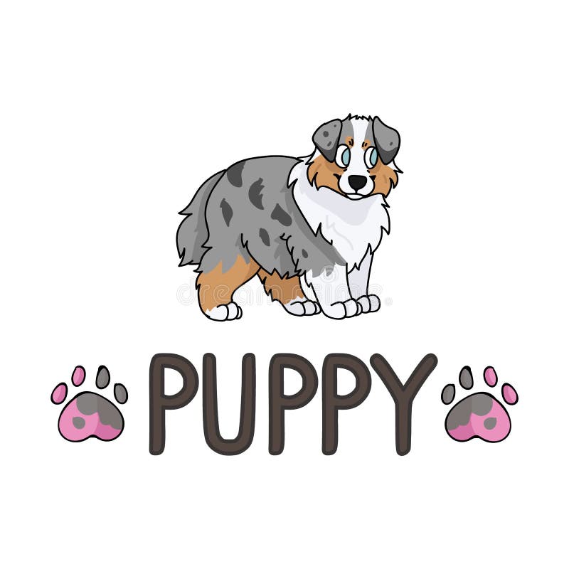 Cute Cartoon Australian Shepherd Puppy with Text Word and Paw Print ...