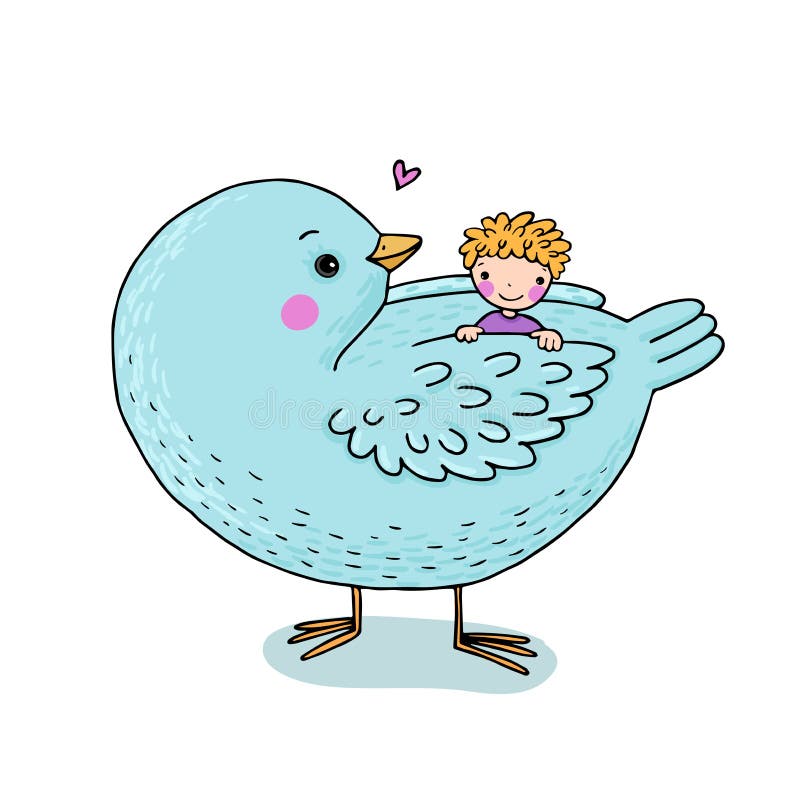 Cute cartoon baby and big bird.