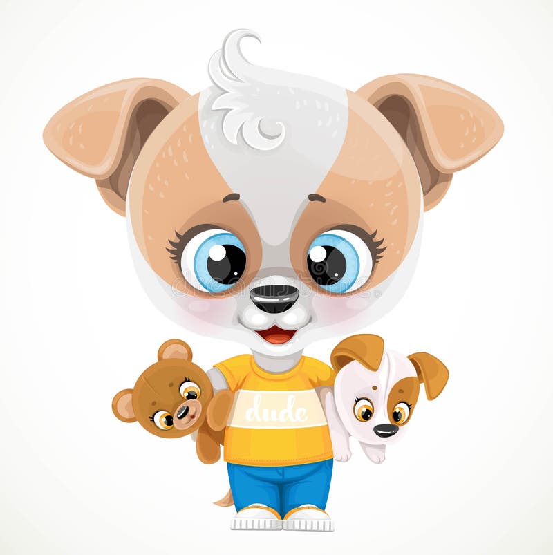 Cute cartoon baby dog with soft toys in hands