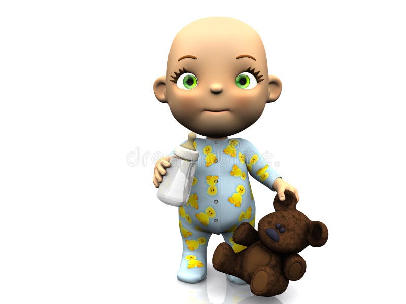 Cute cartoon baby holding teddy and baby bottle.