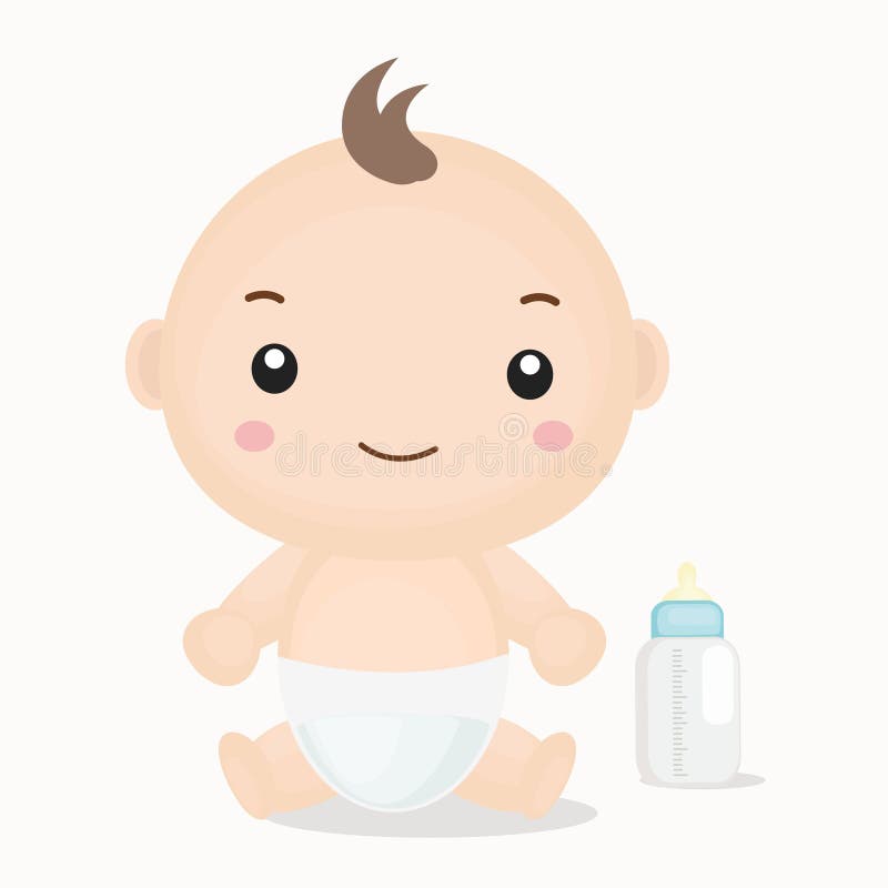 Cute Cartoon Baby and Milk Bottle Vector Illustration. Stock Vector -  Illustration of baby, smile: 81184593