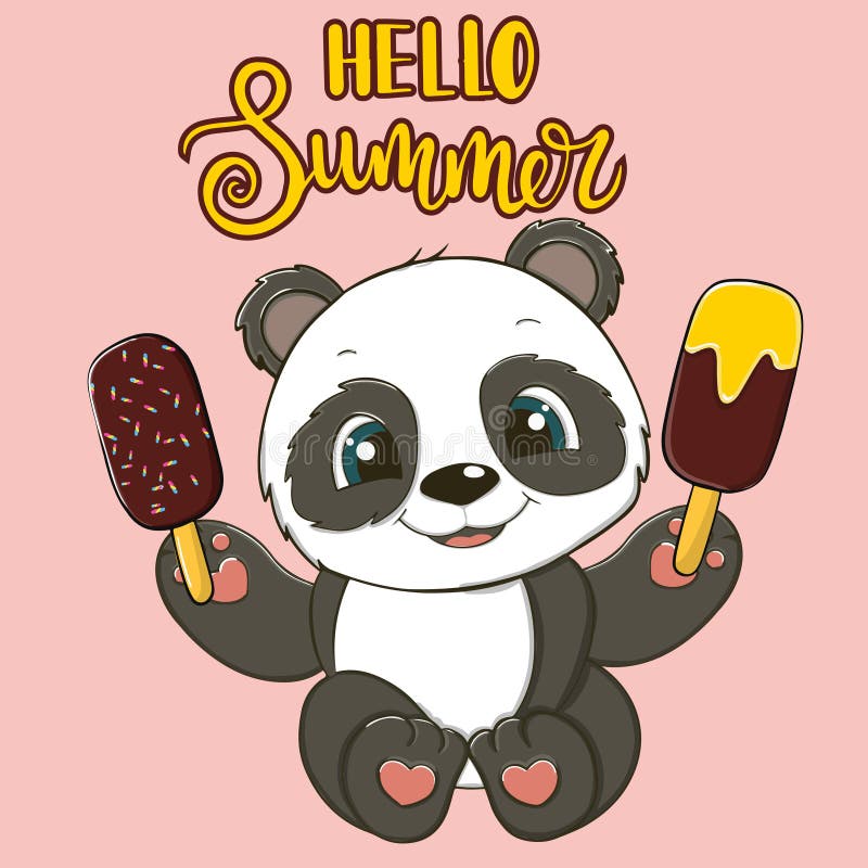 Cute Cartoon Baby Panda with Ice Cream. Vector Illustration. Stock Vector -  Illustration of bear, background: 223359670