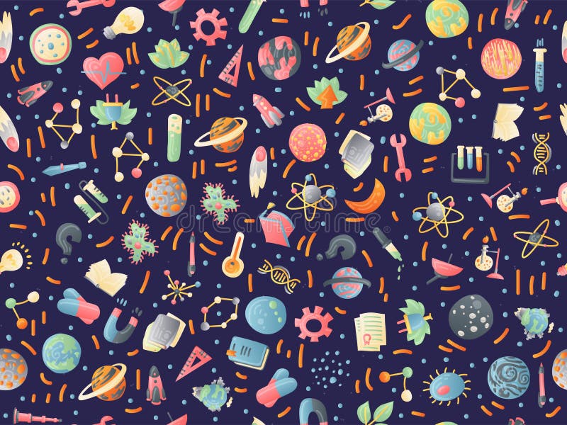 Cute cartoon back to school and college fun seamless pattern with colored school supplies. Science test tubes, hysical, chemical and astronomy objects on colored school, college seamless pattern. Cute cartoon back to school and college fun seamless pattern with colored school supplies. Science test tubes, hysical, chemical and astronomy objects on colored school, college seamless pattern