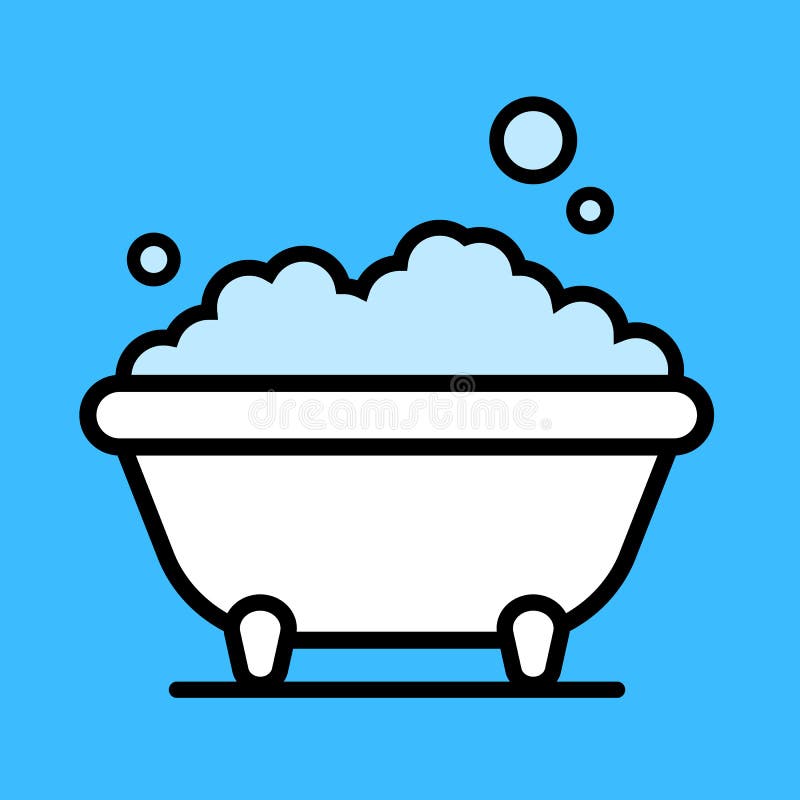 Cute cartoon bathtub with a bubble bath of frothy foam inside over a blue background, illustration
