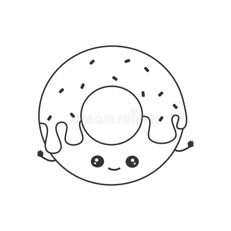 Cute Cartoon Black and White Vector Illustration with Donut Character ...