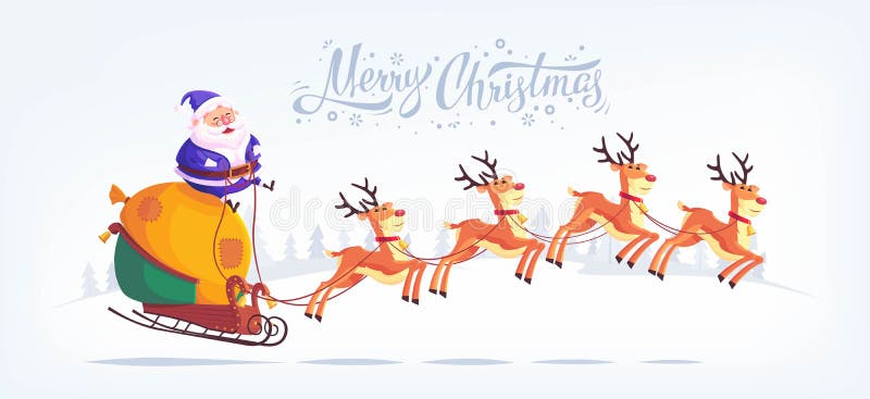 Cute cartoon blue suit Santa Claus riding reindeer sleigh Merry Christmas vector illustration Greeting card poster