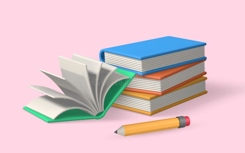 Cute cartoon book and pencil. Realistic 3d school object. Vector illustration royalty free illustration