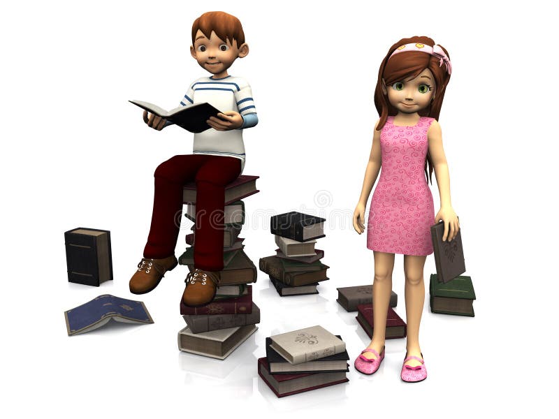 Cute cartoon boy and girl surrounded by books.