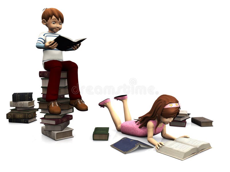 Cute cartoon boy and girl surrounded by books.