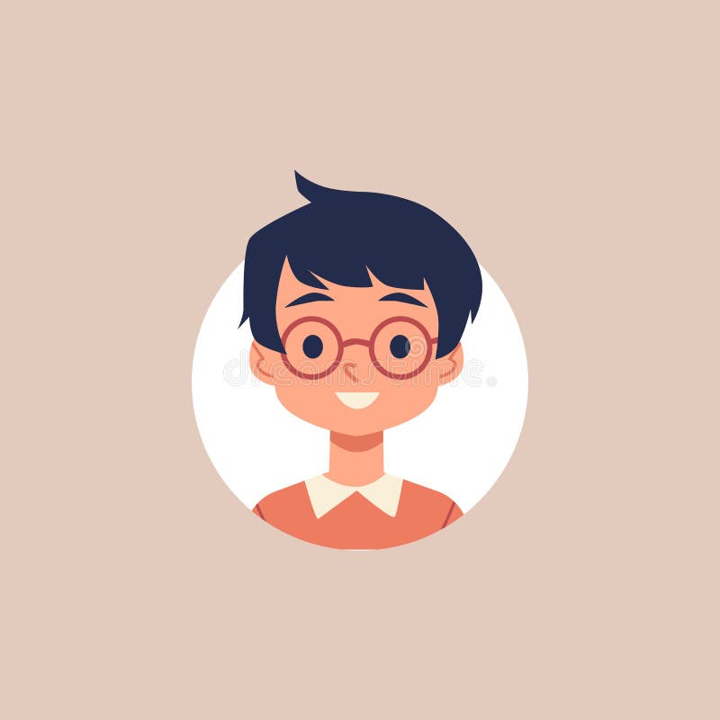 Cute Cartoon Boy with Glasses and Black Hair - Isolated Circle Portrait  Stock Vector - Illustration of hairdo, cute: 163407424