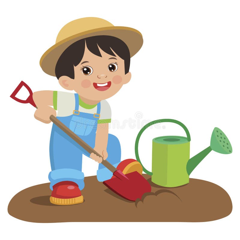 Spring Gardening. Growing Young Gardener. Cute Cartoon Boy with Shovel ...