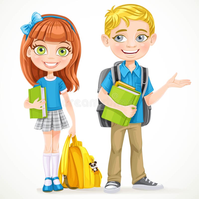 Cute cartoon brunette girl and blond boy students with a backpacks isolated on a white background
