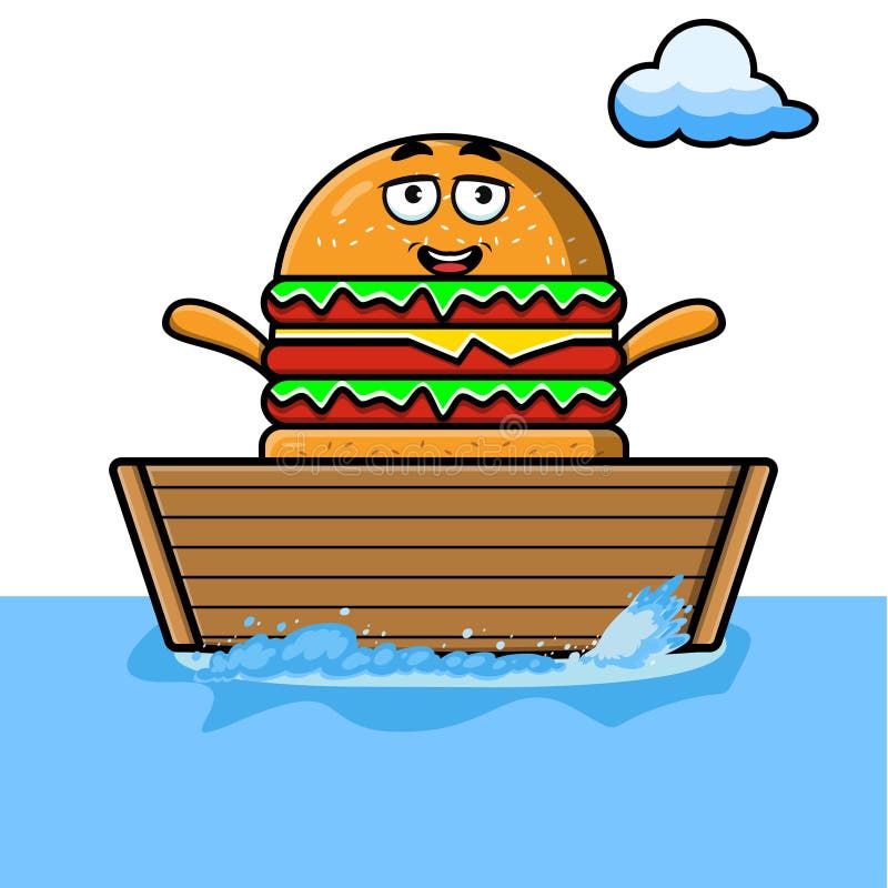 Cute Cartoon Burger Get on Boat Stock Vector Illustration of sandwich