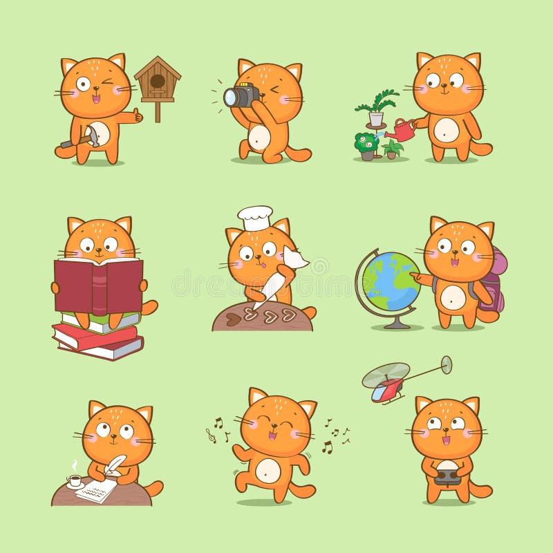 Cute cartoon cat character representing different hobbies