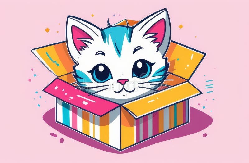 Cute Cartoon Cat in Colorful Box on Pink Background Stock Image - Image