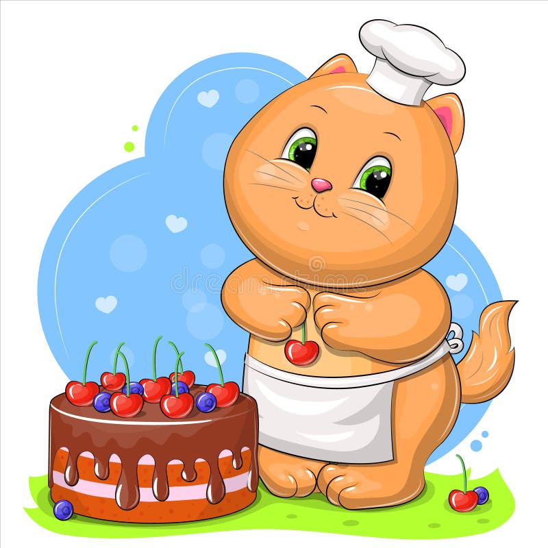 Cute Cartoon Cat Cooks a Cake with Berries. Stock Vector - Illustration of  happy, animal: 206294891