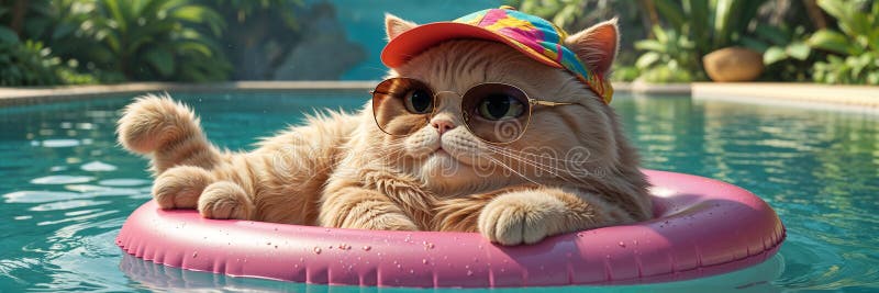 Cute cartoon cat inflatable mattress in pool in summer royalty free illustration