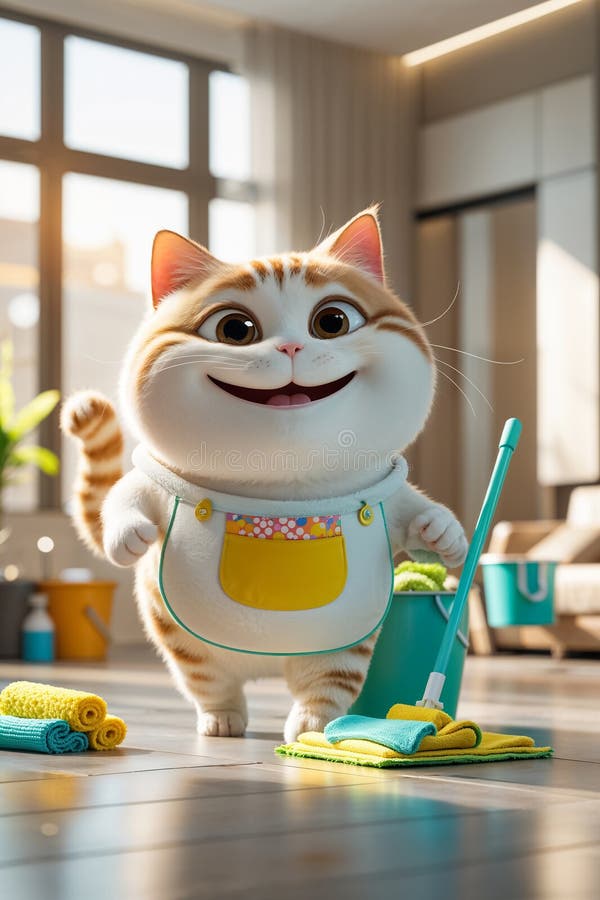 Cute cartoon cat mopping the floor in a modern apartment royalty free illustration