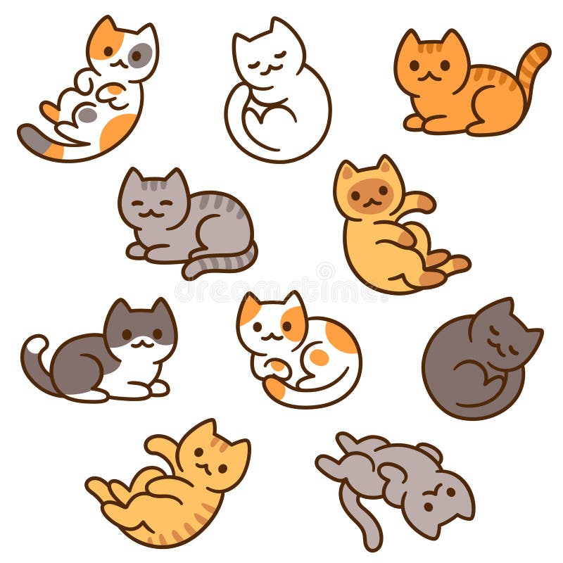 Sweet Little Cat Icon Set With Six Facial Expressions In Color