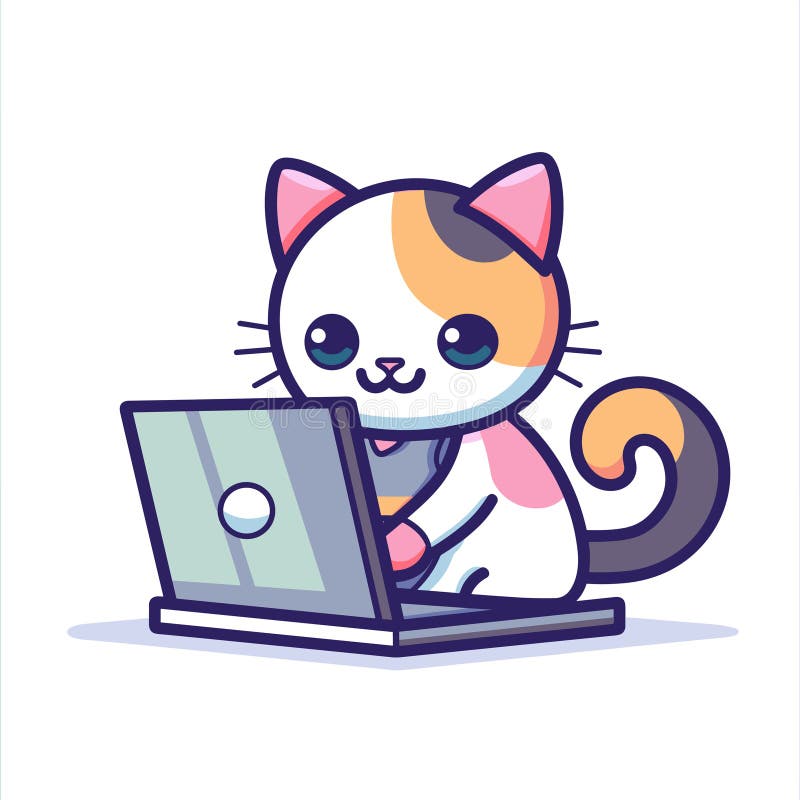 Cute cartoon cat using laptop, adorable feline character working computer, colorful digital art stock illustration