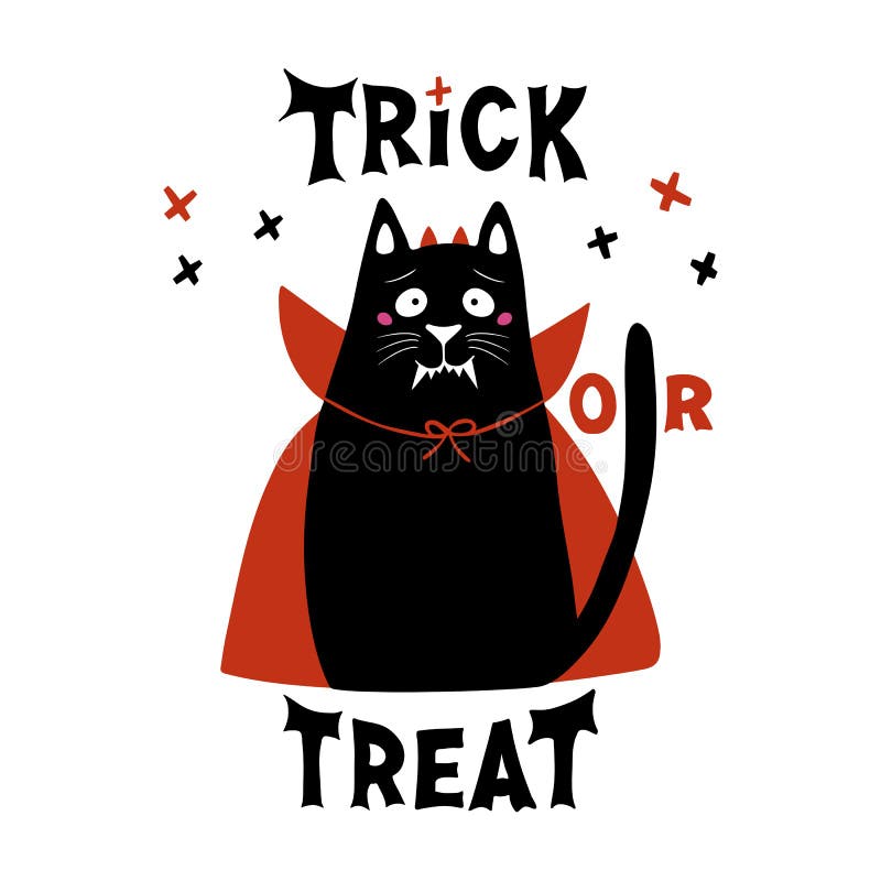 Cute Cartoon Cat Wear Vampire Costume with Fangs, Horns and Red Cloak ...