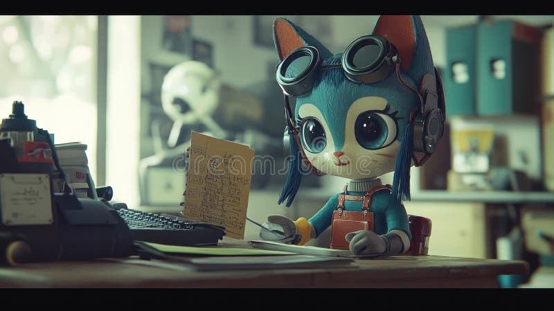 A cute cartoon cat wearing goggles is sitting at a desk and writing a note vector illustration