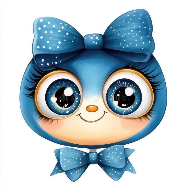 Cute Cartoon Character with Big Eyes and Blue Bow Stock Illustration ...