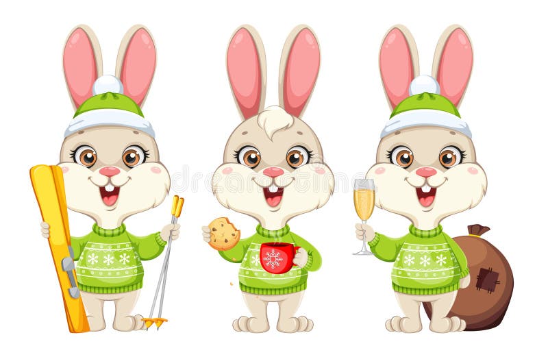 Cute cartoon character rabbit in green sweater stock illustration