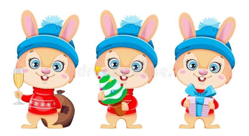 Cute cartoon character rabbit, set of three poses stock illustration