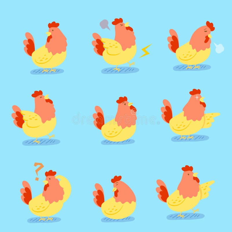 Cute cartoon chicken do different emotions with blue background