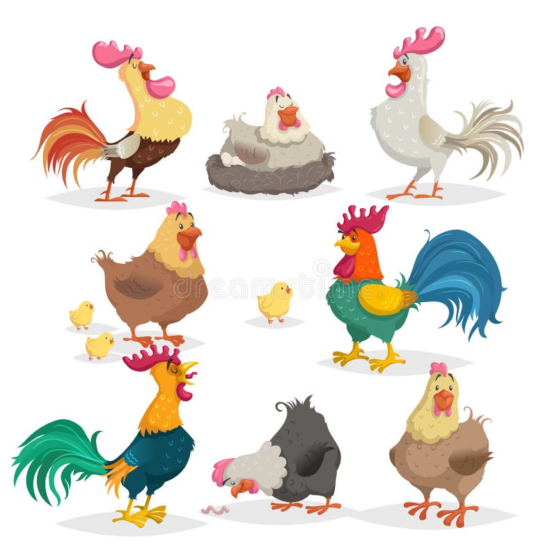 Cute cartoon chickens set. Roosters and hens in different poses. Little chicks. Farm birds and animals collection. Vector illustra stock illustration