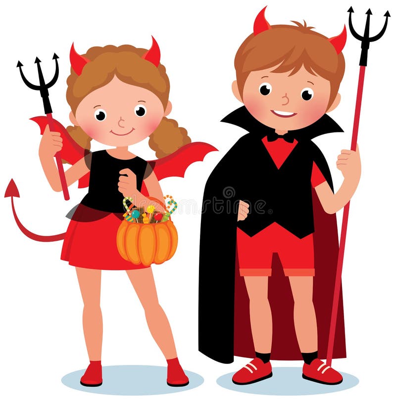 Cute cartoon children boy and girl in a holiday costume devil imp to Halloween vector illustration