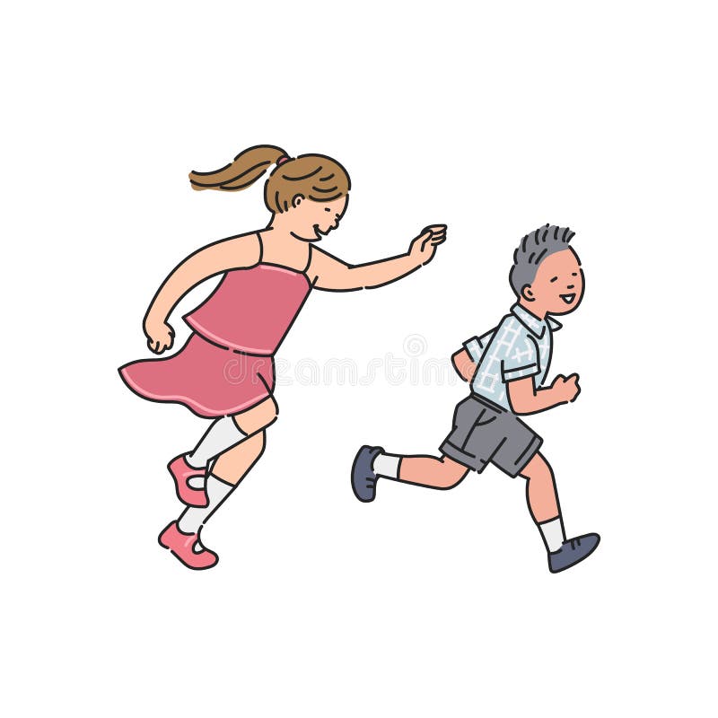 Cute cartoon children running around - little boy and girl laughing