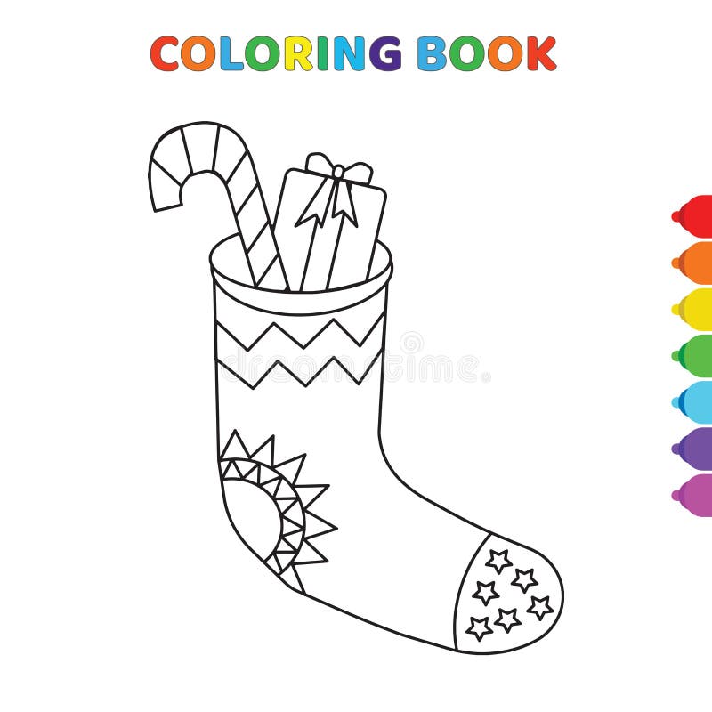 Cute cartoon christmas socks coloring book for kids. black and white vector illustration for coloring book. christmas socks