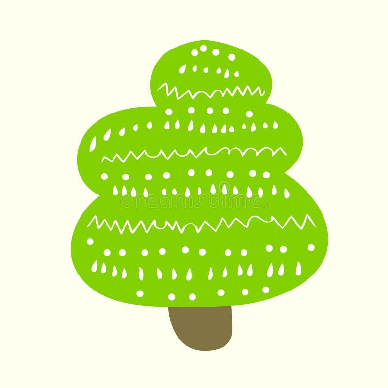 Cute Cartoon Christmas Tree with Decorations, Doodle Vector Drawing