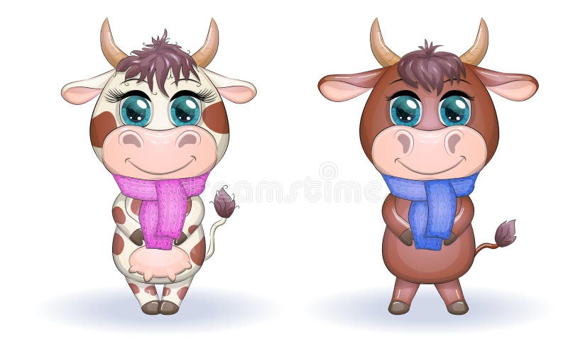 Cute Cartoon Couple Cow and Bull with Scarves with Beautiful Big Eyes.  Symbol of the Year 2021 According To the Chinese Calendar Stock  Illustration - Illustration of standing, eyes: 185228646