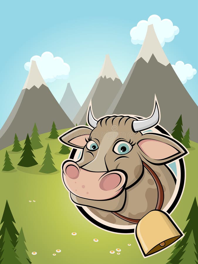 Cute cartoon cow in a badge and idyllic background