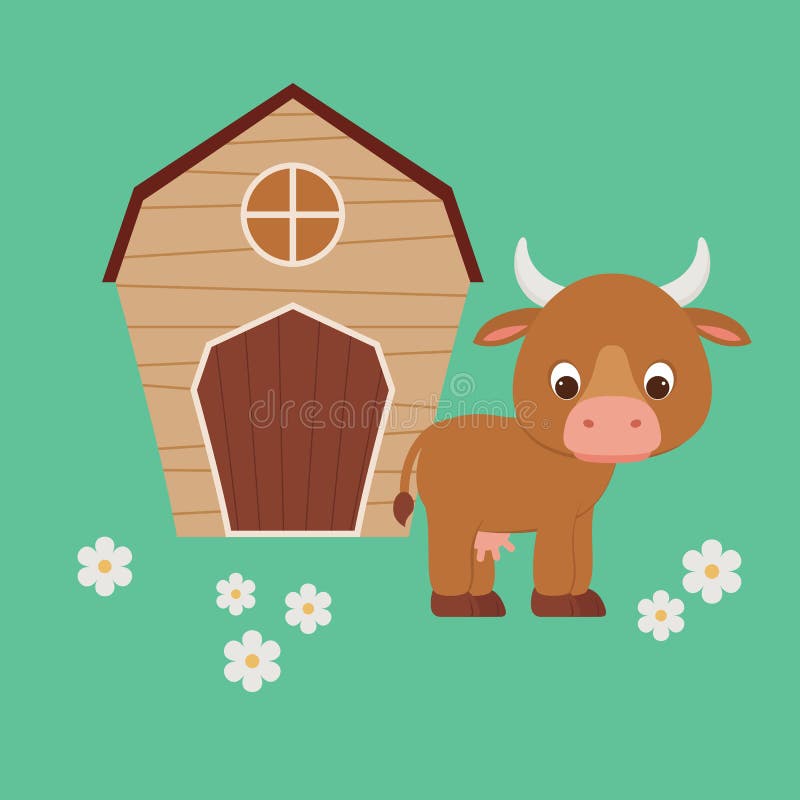 Cute cartoon cow staying in front of barn