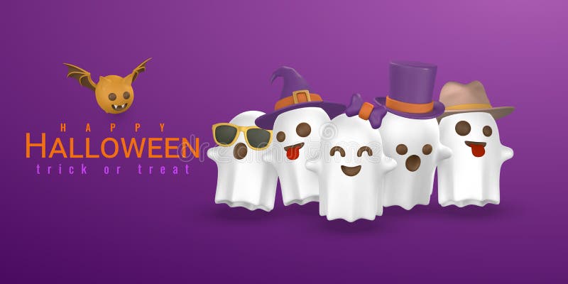 Cute Cartoon 3d Halloween Ghost with Top, Witch Hats and Bow. Halloween ...