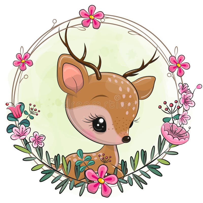 Cute Cartoon Deer with a Flower Wreath Stock Vector - Illustration of  holiday, luck: 179043432