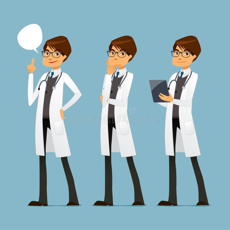 Cute cartoon doctor with glasses, in various poses royalty free illustration