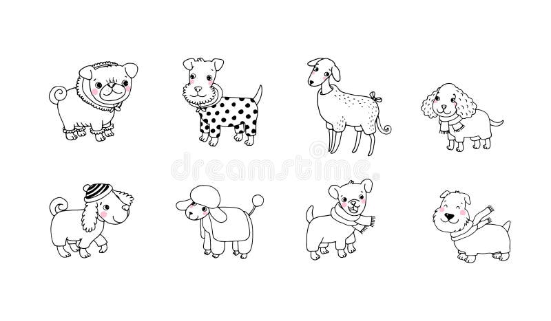 Cute cartoon dog breeds. Happy animals. Vector illustration