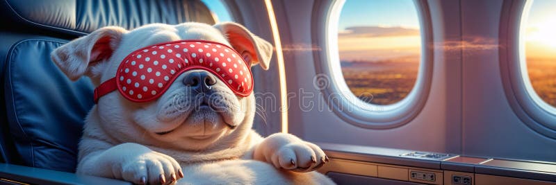 Cute cartoon dog sleeps with sleep mask on plane stock illustration