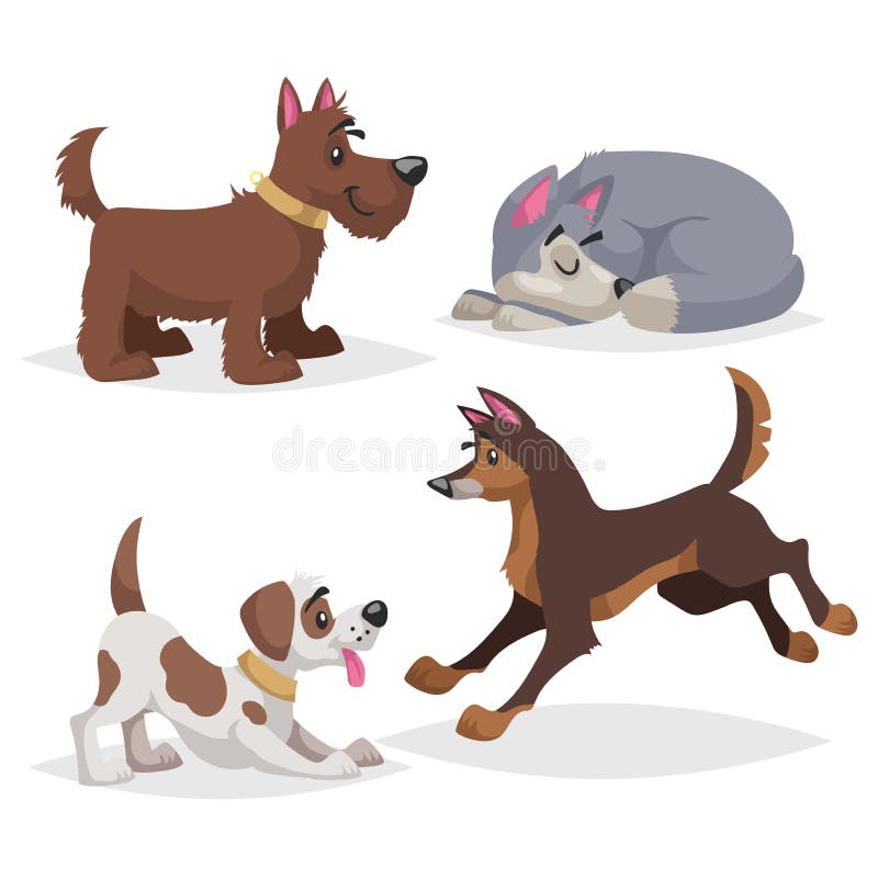 Cute cartoon dogs set. Domestic farm animals collection. Sleeping, paying, running dogs. vector illustration