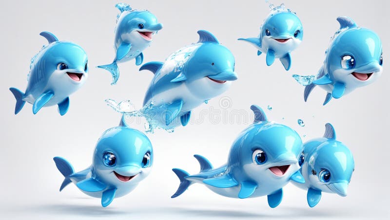 Cute cartoon dolphin, splash water drops vector illustration